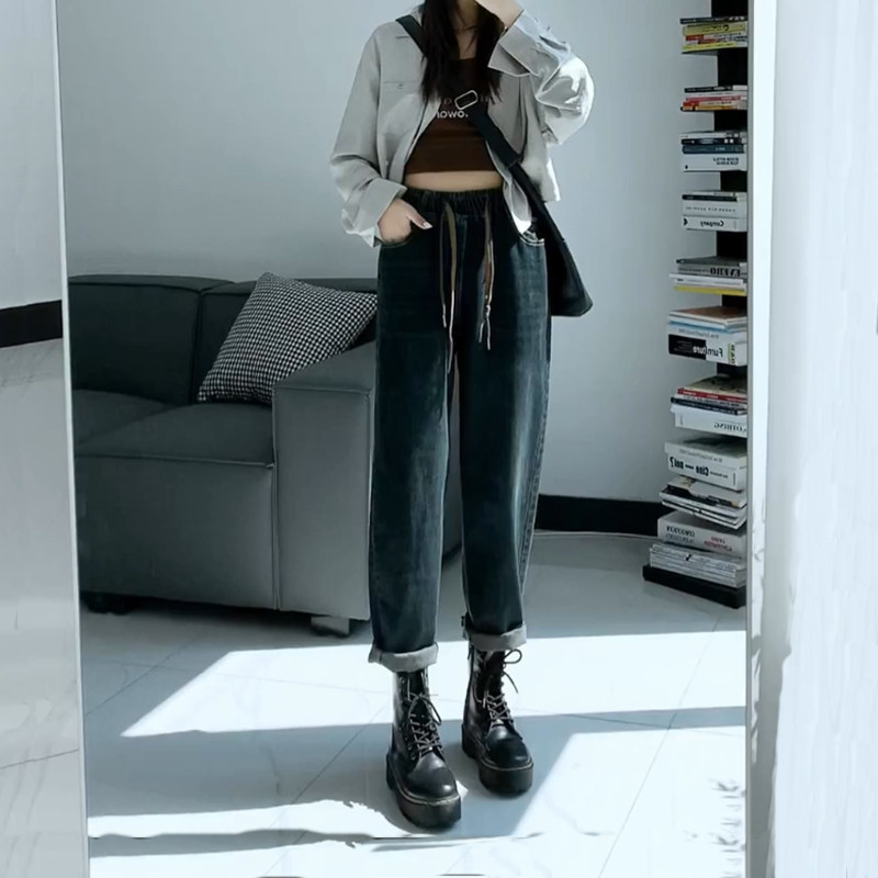 大码高腰哈伦牛仔裤女无弹力松紧腰小个子九分26春夏老爹萝卜阔腿