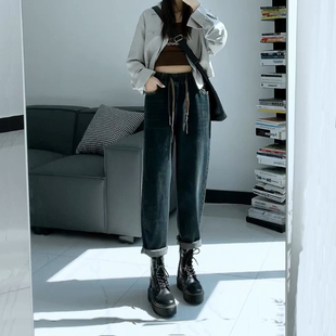 大码高腰哈伦牛仔裤女无弹力松紧腰小个子九分26春夏老爹萝卜阔腿
