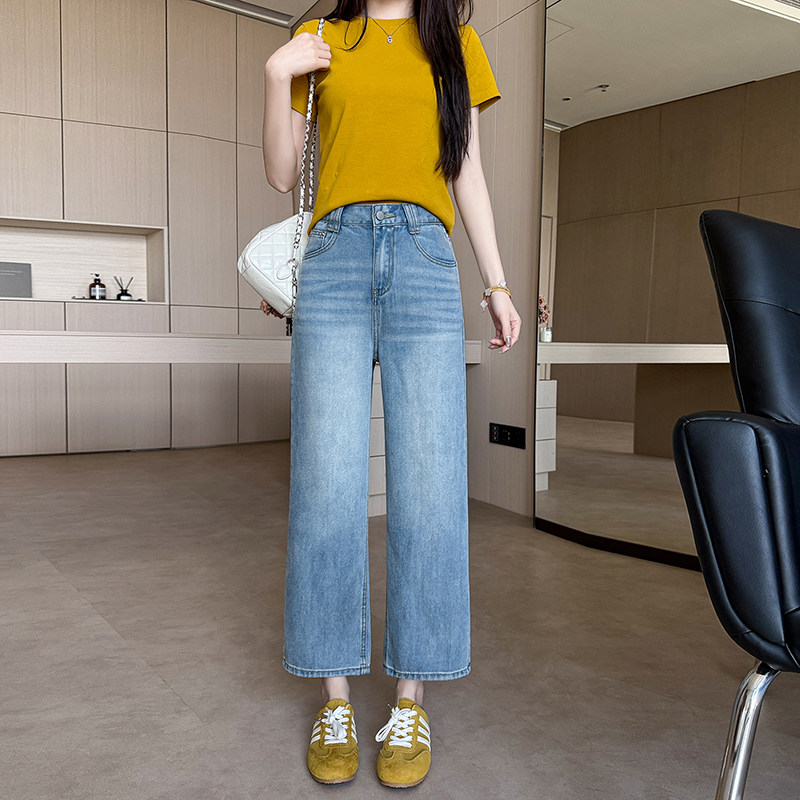 直筒牛仔裤无弹力女夏天薄款阔腿新款高腰宽松小个子九分复古浅蓝