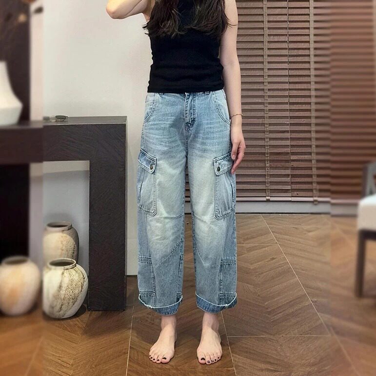 工装风牛仔裤阔腿女无弹力高腰宽松小个子九分春夏26新款复古水洗