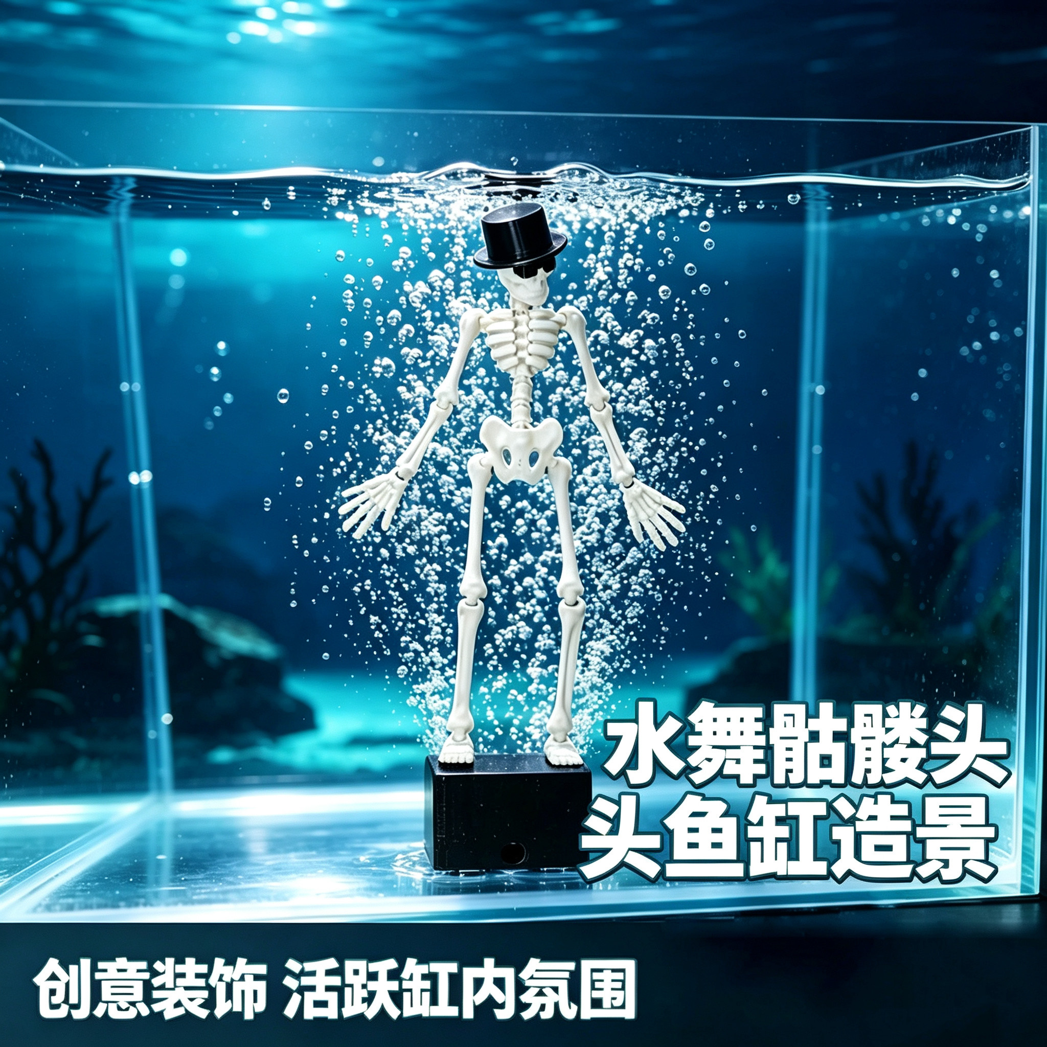 水族造影装饰水舞骷髅头鱼缸造景创意摆件跳舞骷髅装饰可动打氧游