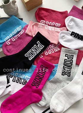 新款现货清新可爱女袜中筒袜甜美风韩系纯棉pink学生袜子网红同款