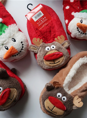 麋鹿雪人圣诞主题加绒保暖双层可爱软鞋地板拖鞋地板袜短袜中筒袜