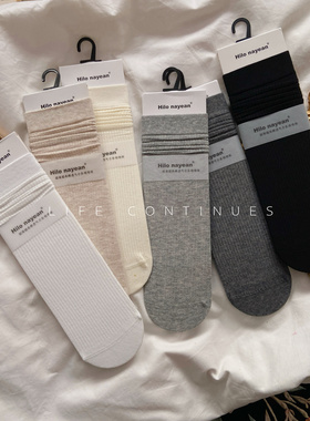 新款现货韩版百搭春夏抽条直板女袜堆堆袜透气棉带后跟女生中筒袜