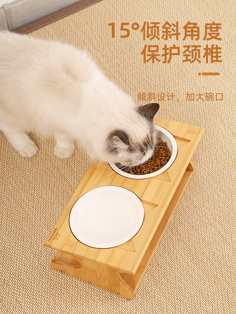 猫碗双碗实木陶瓷碗保护颈椎斜口猫咪饭盆防打翻碗架宠物餐桌狗碗 宠物/宠物食品及用品 猫狗碗/慢食碗 原图主图