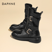 达芙妮黑色马丁靴女2025新款 冬季 加绒短靴英伦风厚底酷飒机车皮靴