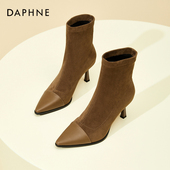 达芙妮短靴女2026新款 春秋单靴尖头细跟高跟鞋 女小踝靴弹力瘦瘦靴