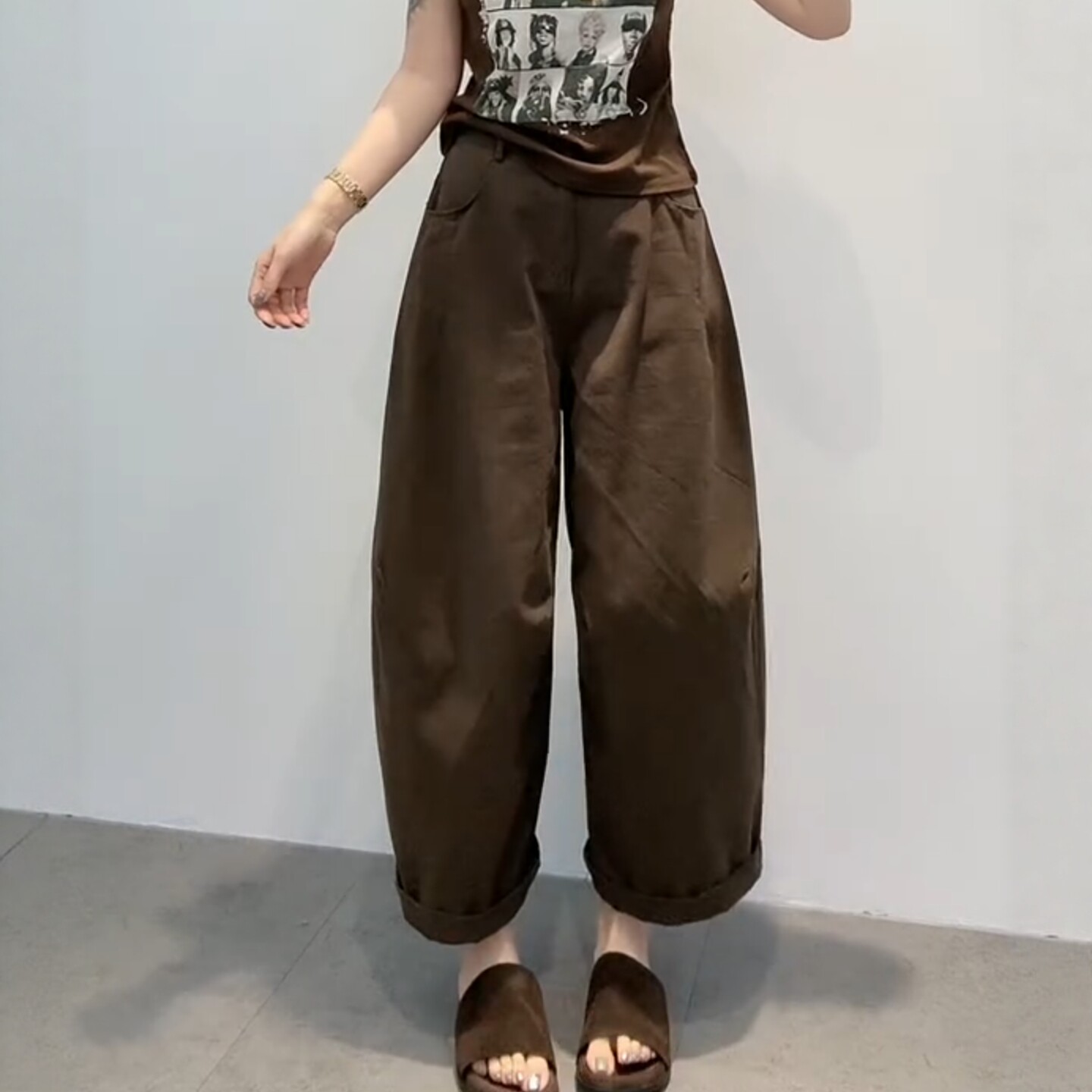 松弛感休闲阔腿裤女2026年夏季欧货遮跨显瘦宽松九分弯刀裤气球裤
