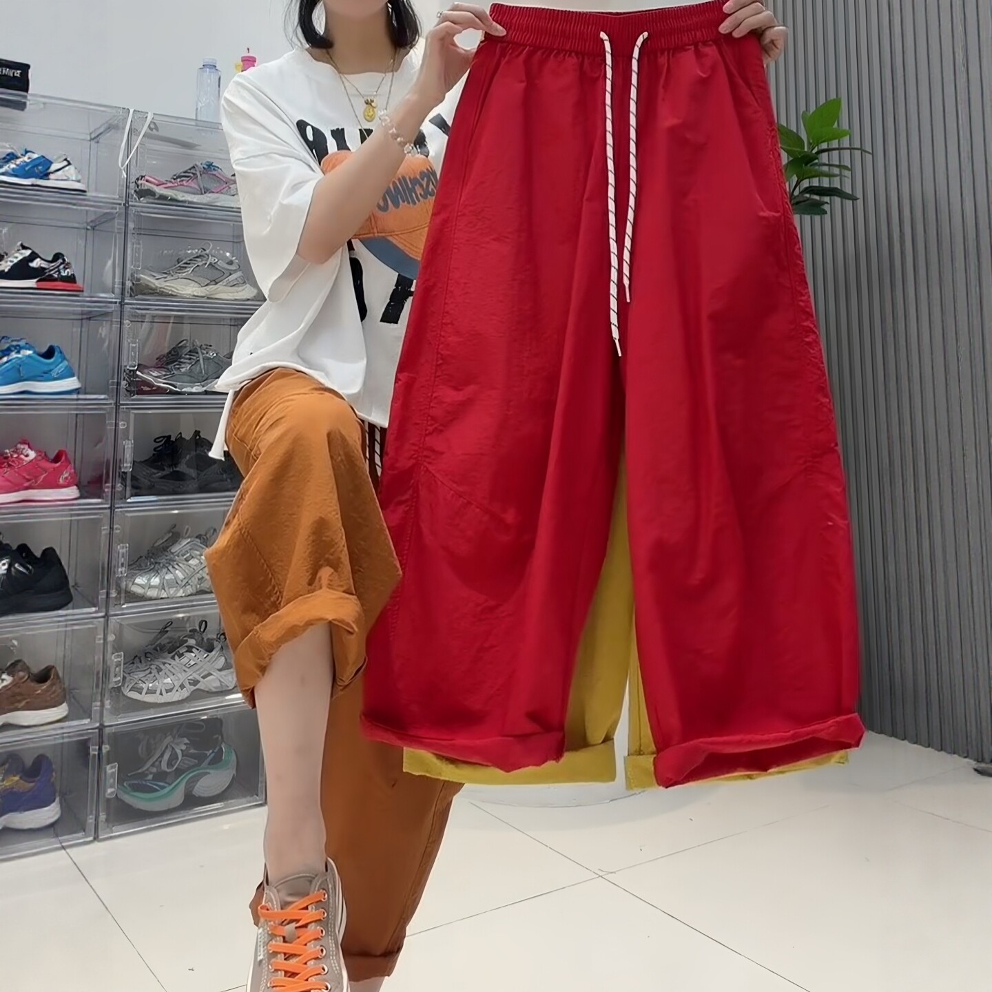 糖果色休闲阔腿裤女2026欧货夏天轻薄速干气球奶奶裤松紧腰九分裤