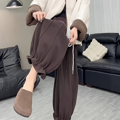 欧货秋冬加绒束脚花边甜椒九分裤