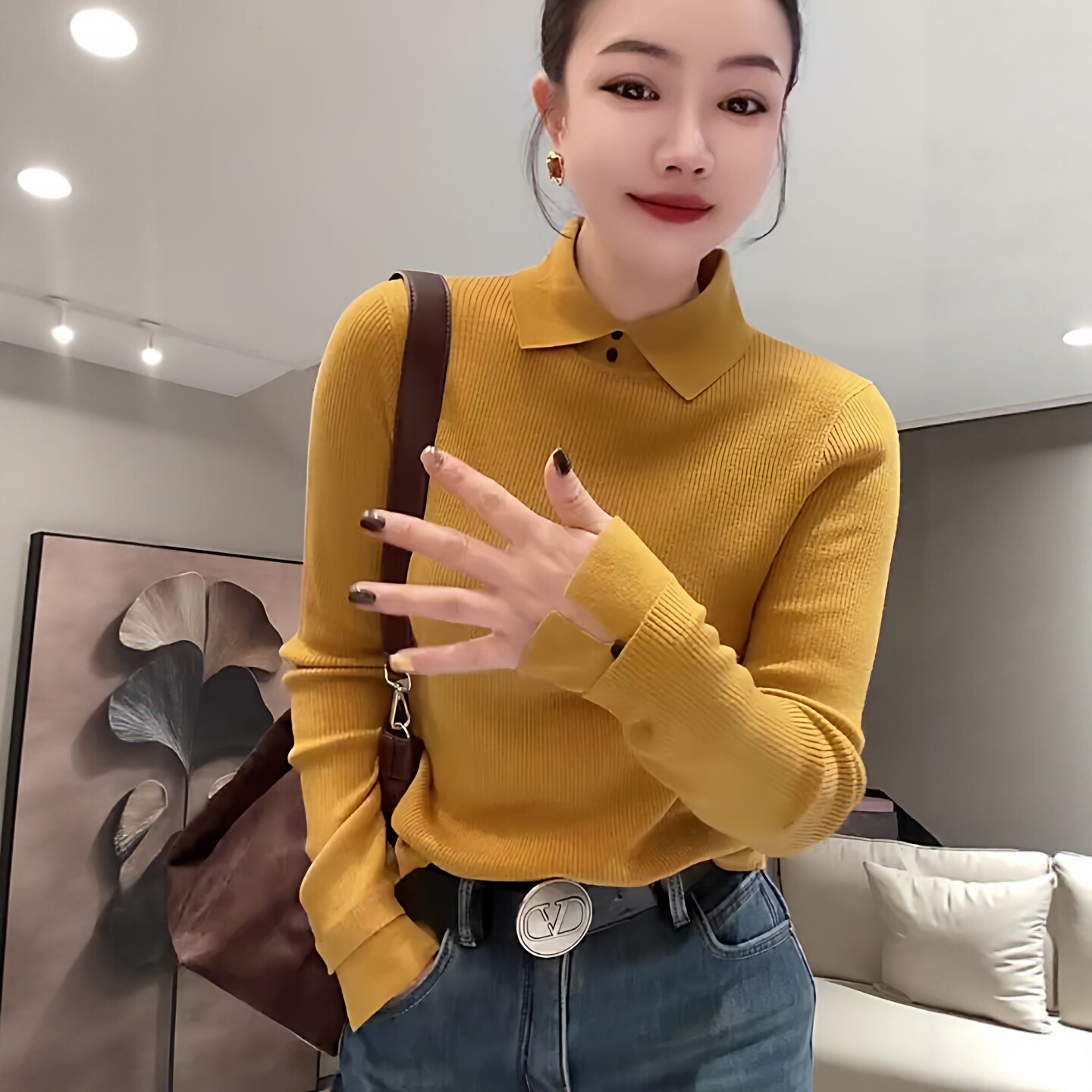 欧货秋冬两粒扣翻领针织衫毛衣