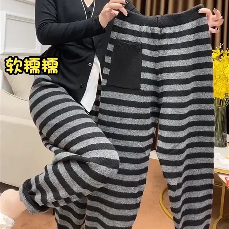 欧货2025秋冬款北极绒条纹针织裤女软糯保暖休闲束脚九分裤哈伦裤