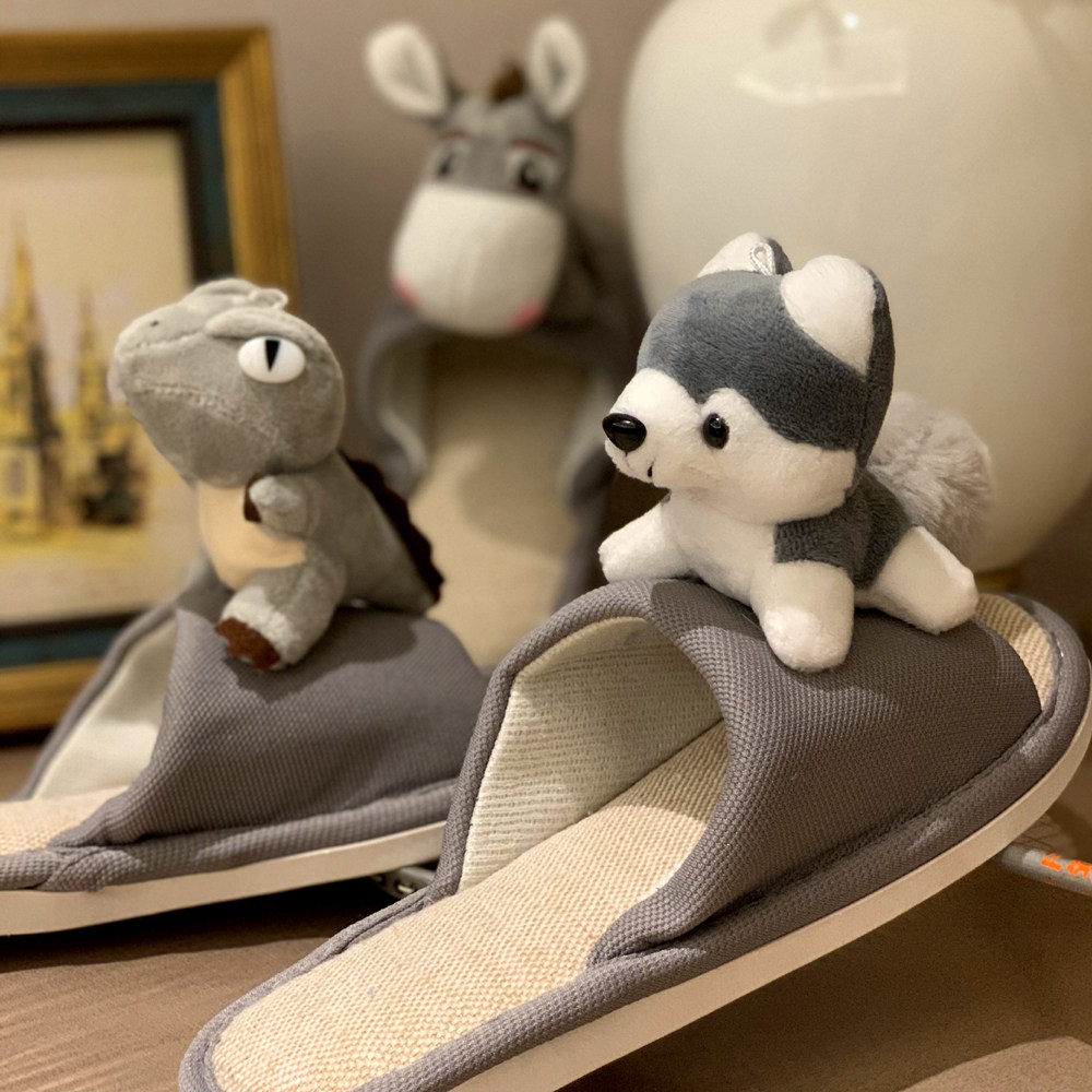 四季亚麻卡通凉拖鞋可爱居家室内女夏季韩式恐龙狗卧室男情侣静音