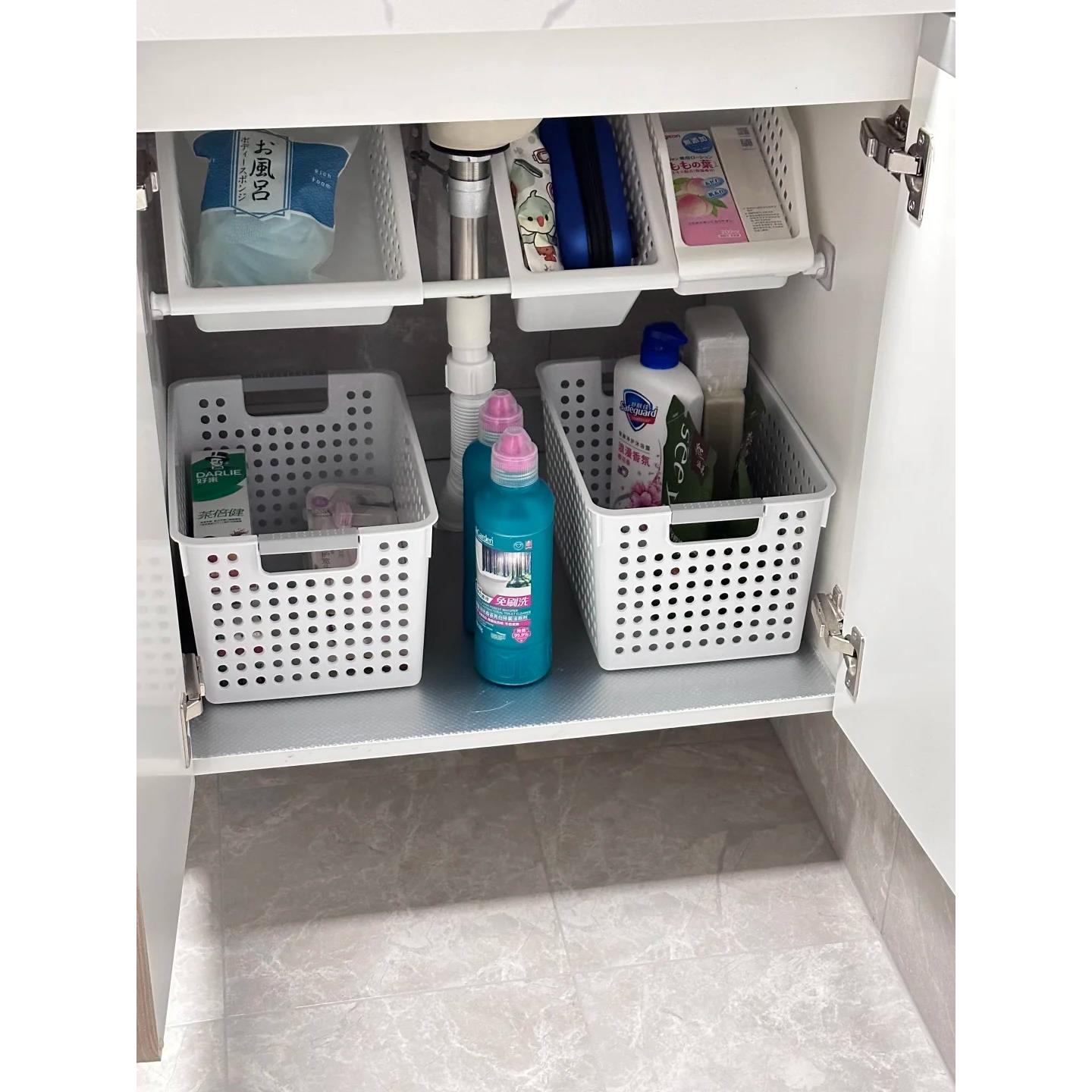 【洗手台下收纳神器】免打孔伸缩杆置物架收纳篮厨房地柜水槽衣柜