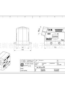 HARTING浩亭19340030520哈丁 Han B矩形连接器低结构双锁扣边出线
