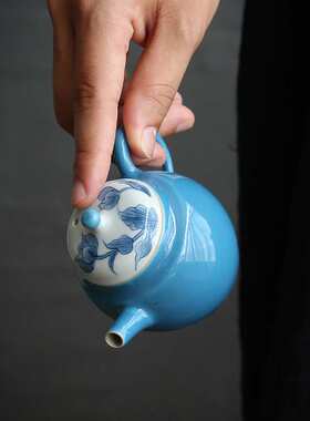 九匠风 手绘可爱陶瓷小茶壶蓝色釉日式泡茶下午茶花茶壶文人茶器