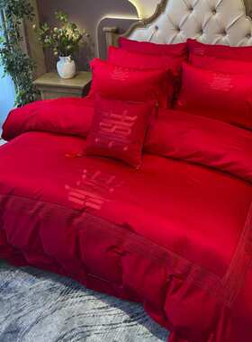 九喜狐婚庆家纺简约大气红色四件套结婚床上用品喜字刺绣一件代发