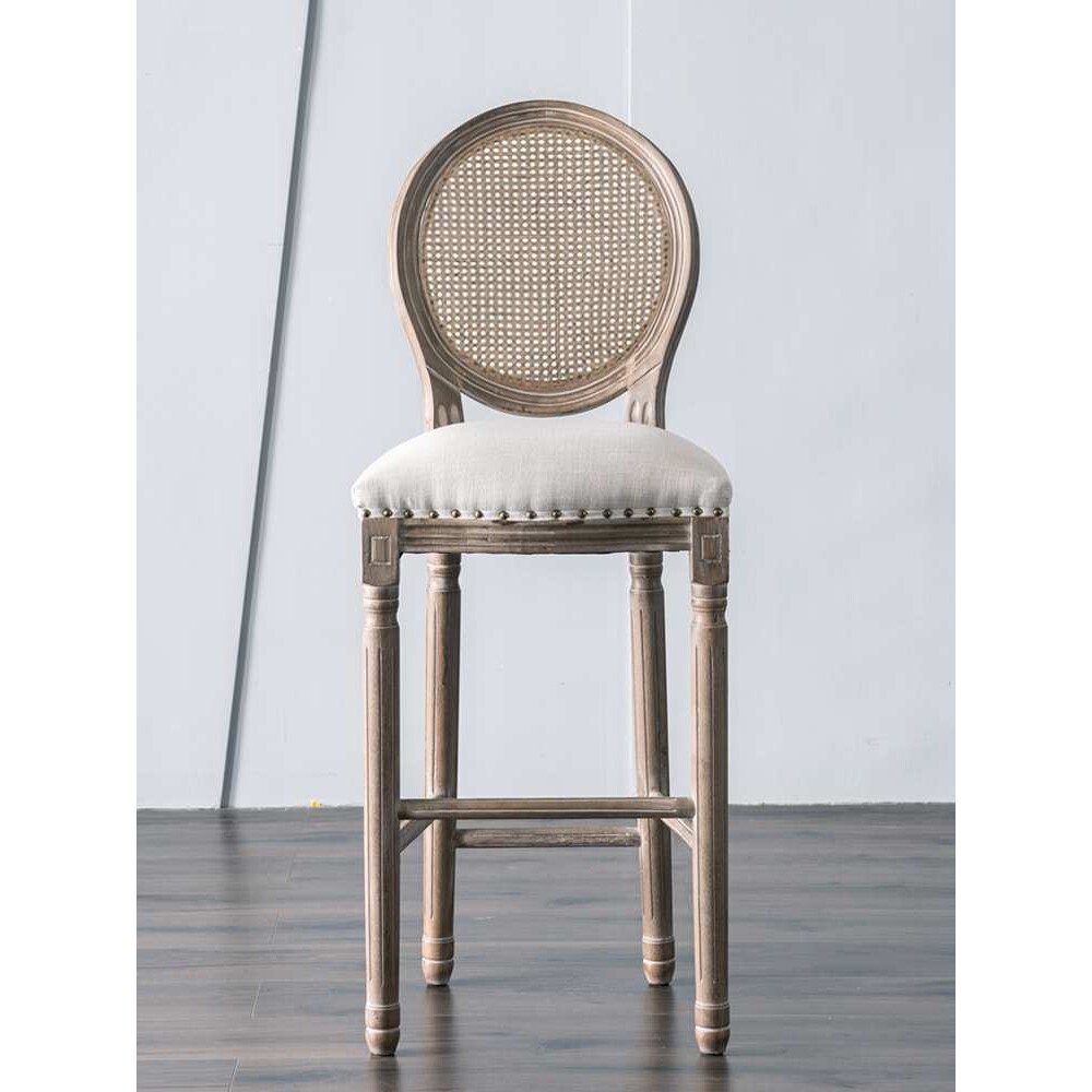 美式实木吧椅仿古吧台椅家用欧式复古靠背酒吧椅高脚椅藤编高吧椅