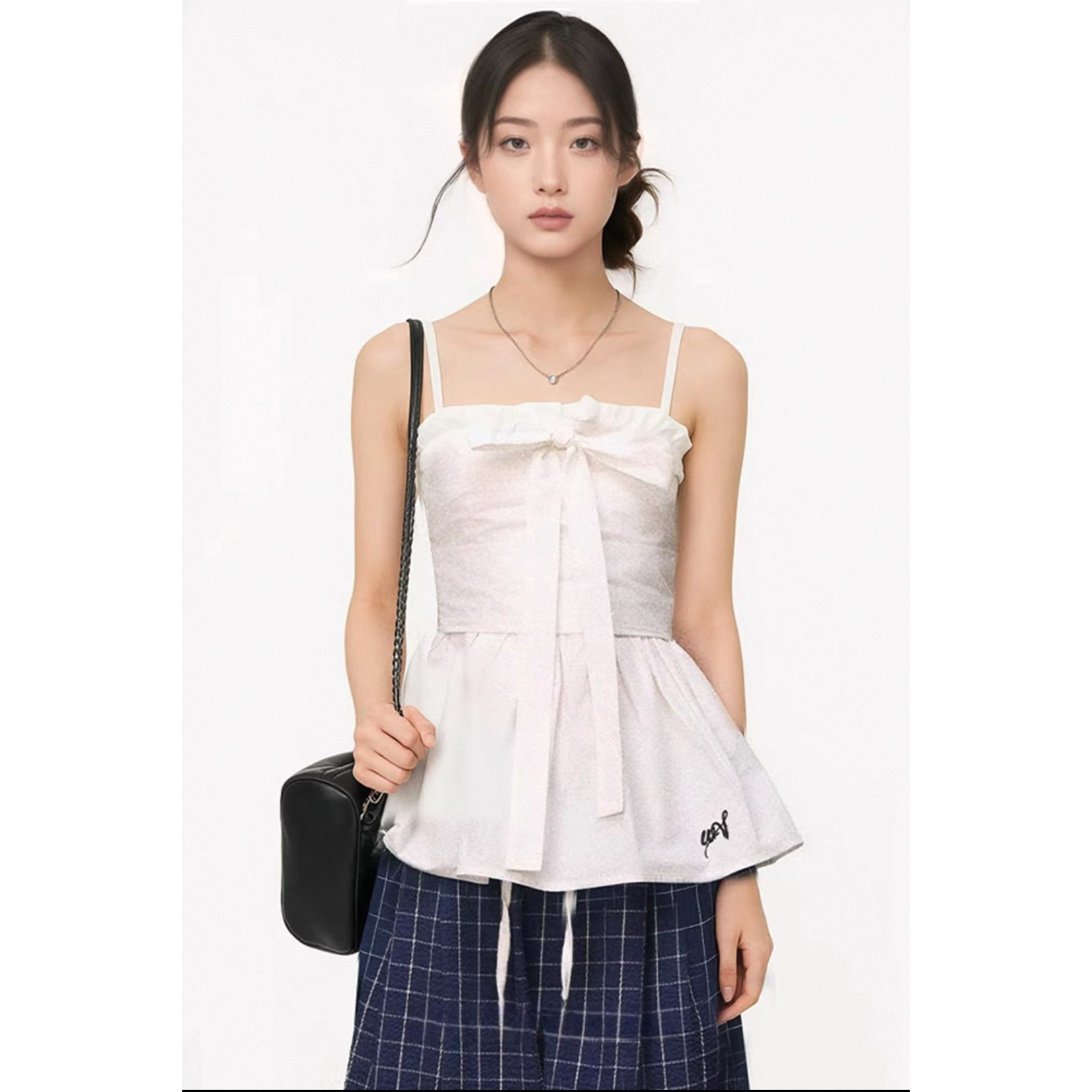 WESTAYOONE白色蝴蝶结吊带上衣女夏季休闲宽松格子阔腿长裤两件套