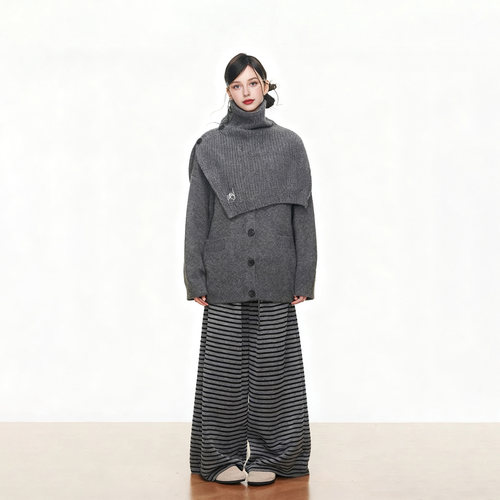 围脖毛衣开衫外套+条纹裤两件套