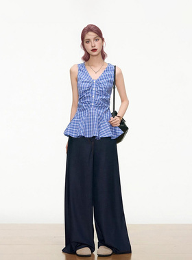 WESTAYOONE 蓝色格子V领吊带背心女夏挂脖设计感牛仔阔腿裤两件套