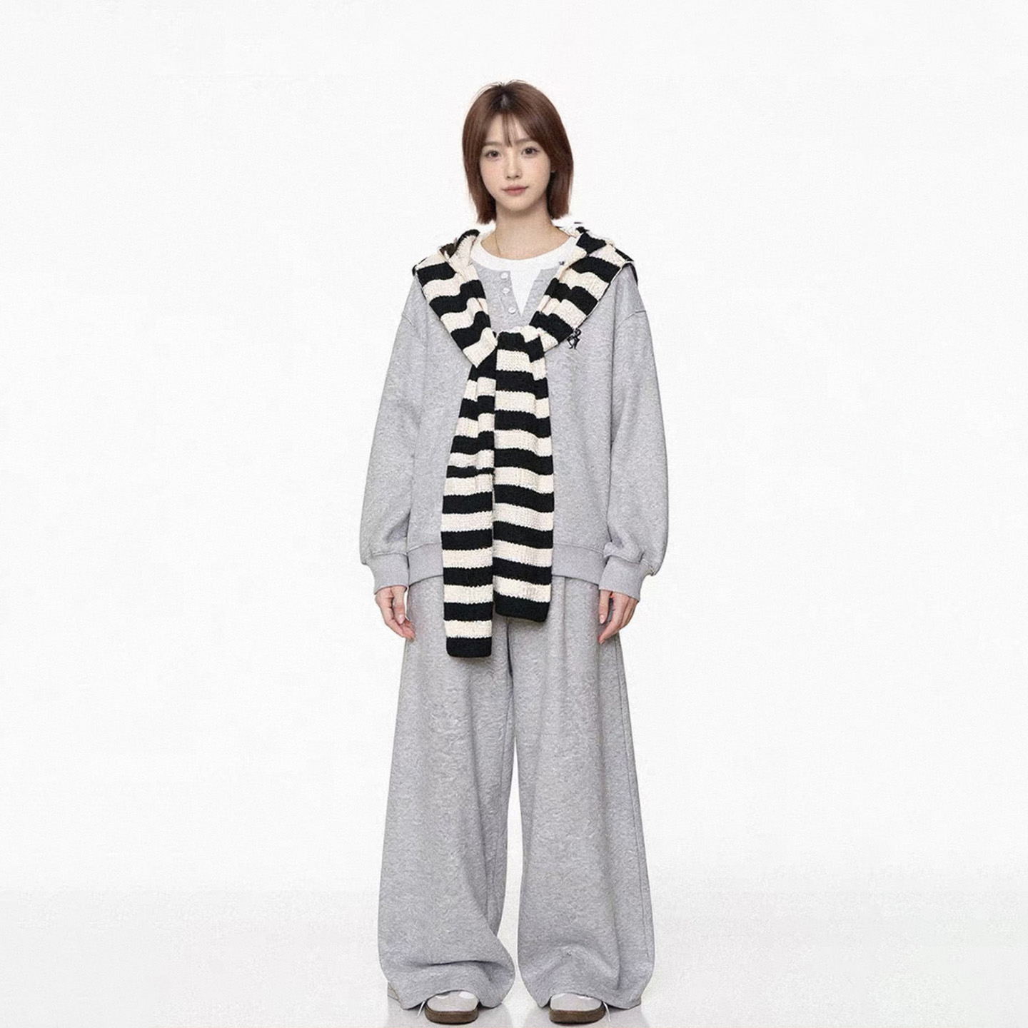 休闲运动灰色卫衣套装女韩系