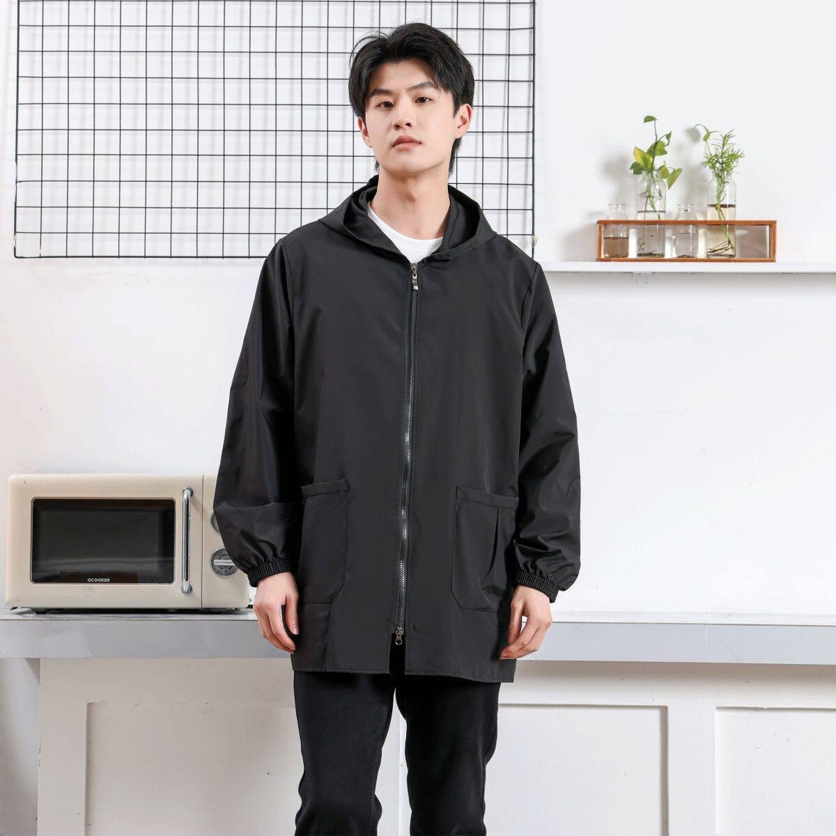 夏季薄款连帽围裙男女防水防油印花工作服厨房罩衣大褂工作服