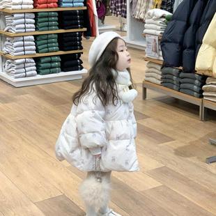2025新款女童中长街羽绒棉服碎花洋气休闲棉袄小女孩宝宝棉衣外套