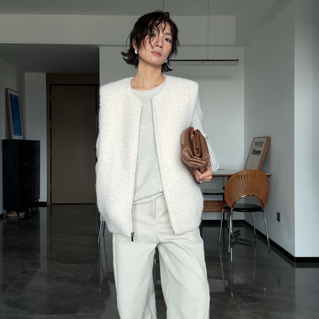 山阶【简奢时髦】立挺圈圈毛羊毛直角肩圆领马甲背心显瘦秋冬马夹