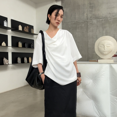 荡领上衣重磅真丝混纺显瘦短袖