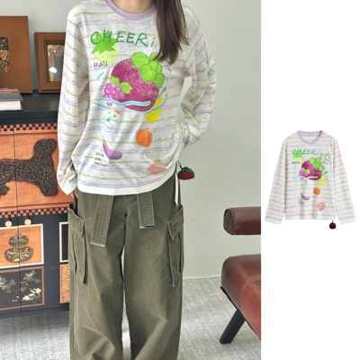 CHEERiUPi 官方授权 26SS 水里的蔬果印花挂件条纹长袖t恤