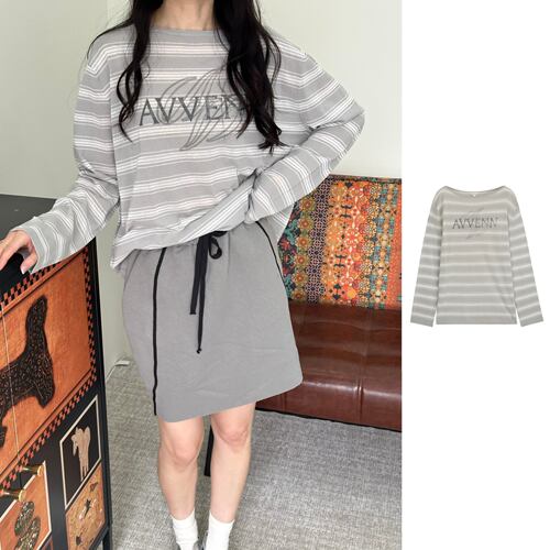 AVVENN  官方授权 26SS  宽松一字领长袖条纹休闲T恤  AK30601647