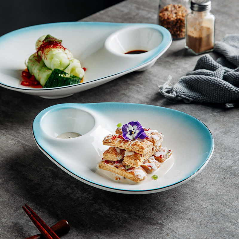 酒店陶瓷饺子盘装虾盘分格蘸酱盘子菜盘大董意境菜餐具凉菜盘商用