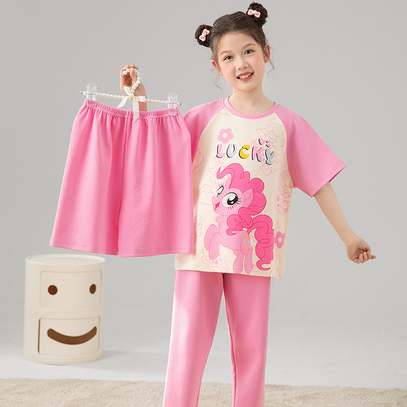 女童睡衣可爱小马宝莉三件套高端纯棉母女装秋夏天短袖空调家居服