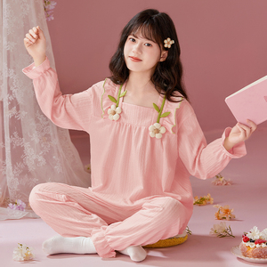 女童睡衣可爱小花朵长袖高端纯棉