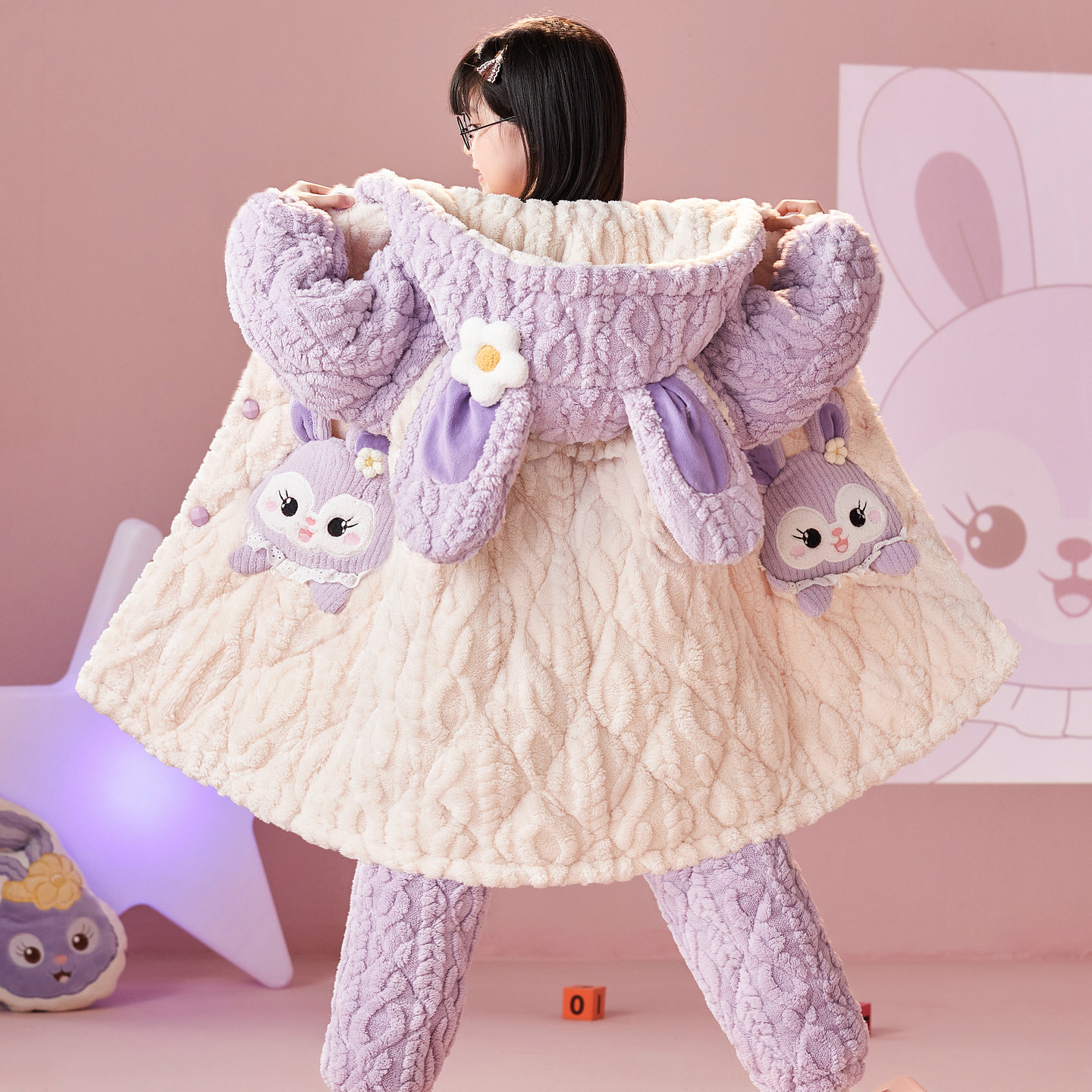 星黛露睡衣女童冬天三层夹棉加绒加厚高端珊瑚绒小女孩家居服套装