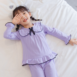 儿童睡衣女孩春秋季公主娃娃领纯色长袖母女装大童秋天空调家居服