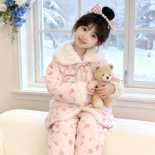 儿童睡衣女孩可爱hellokitty三层夹棉加绒加厚冬季高端法兰绒套装