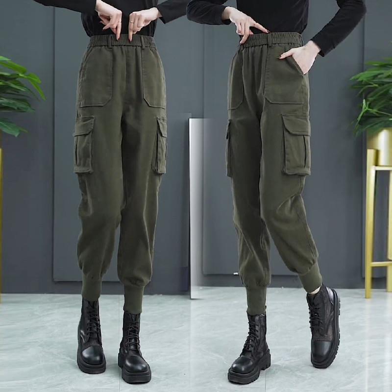 高腰工装裤女春秋2025新款小个子休闲哈伦裤搭配马丁靴的束脚裤子
