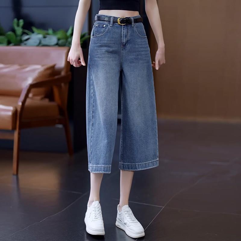 八分阔腿牛仔裤女夏季2025薄款直筒高腰垂感宽松中裤蓝色新款裤子