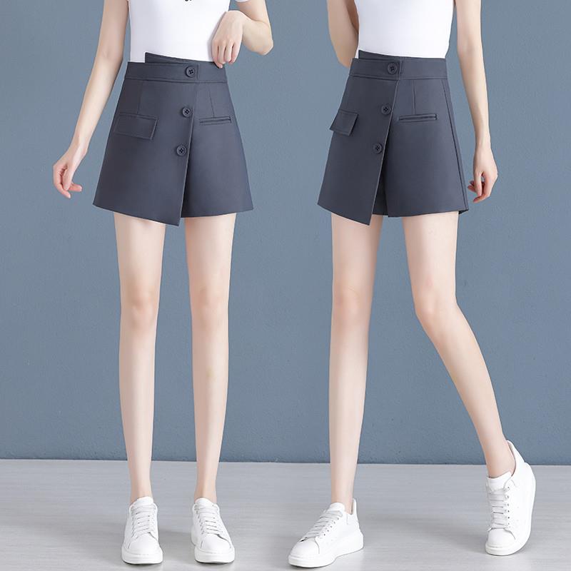 灰色西装短裤女夏季薄款2025新款高腰a字阔腿裤小个子显瘦裙裤子