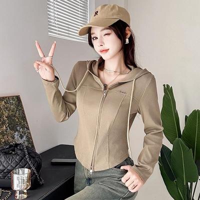 连帽修身显瘦长袖T恤女气质百搭2025春秋薄款韩版小个子短款卫衣