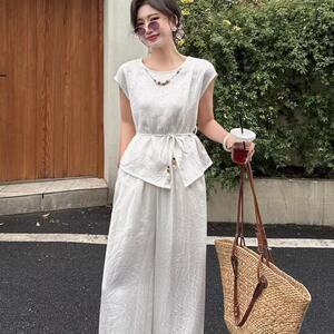 2025新款夏季天丝亚麻套装女短袖上衣搭配高腰显瘦阔腿裤两件套