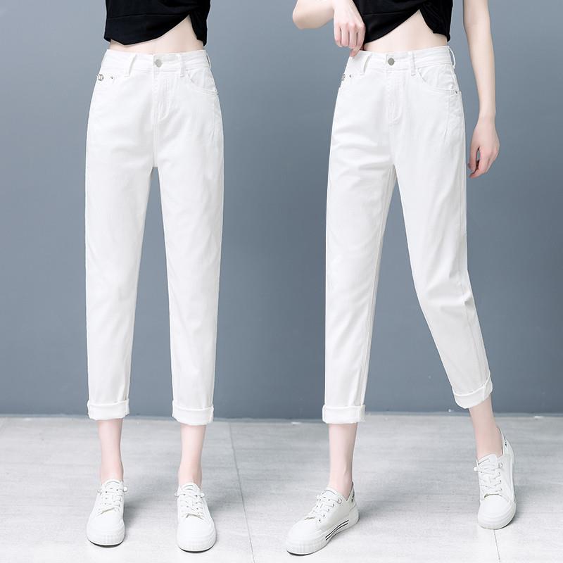 白色牛仔裤女2025年新款夏季高腰宽松八分裤显瘦薄款老爹哈伦裤子