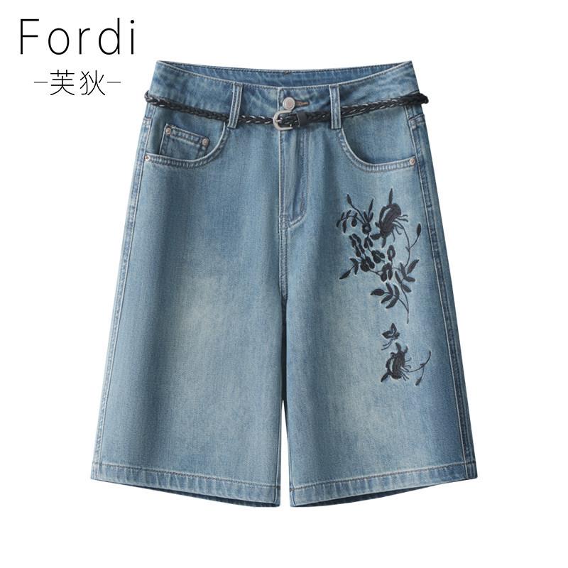 绣花牛仔短裤女夏季2025新款夏天薄款直筒五分裤宽松高腰阔腿中裤