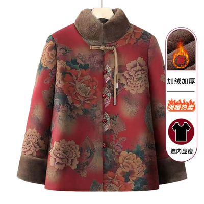 新中式加绒加厚棉服洋气奶奶装中老年人女宽松棉袄妈妈装保暖棉衣