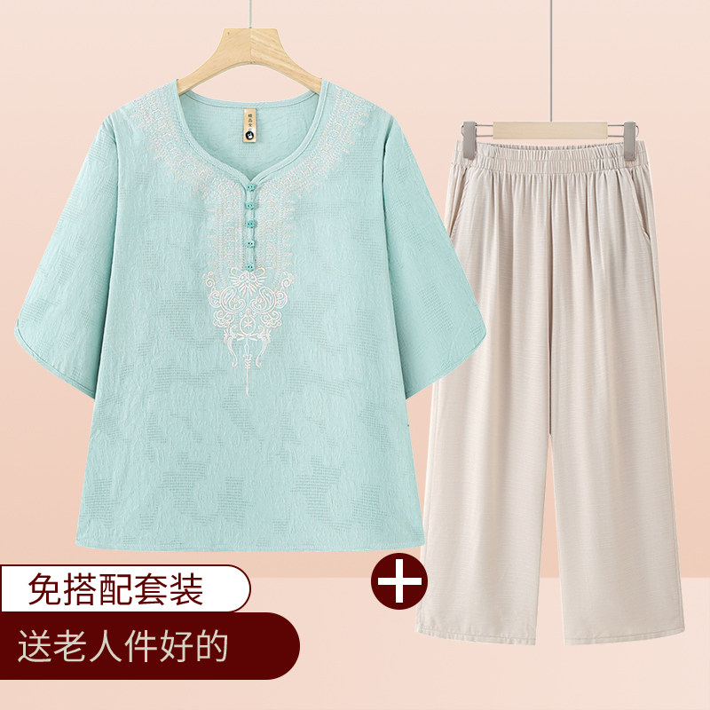 老太太夏装棉麻绣花短袖老年人女宽松圆领衬衫奶奶装衬衣老人衣服图片