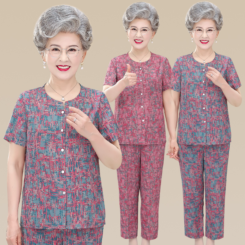 妈妈夏装中老年女装奶奶套装短袖t恤两件套短袖上衣老人太太衣服