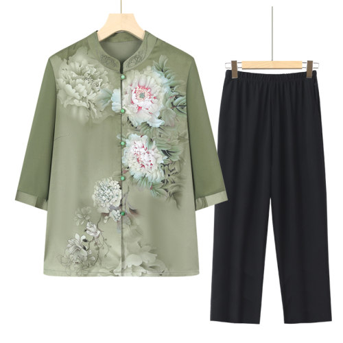 老年人女装奶奶夏季衬衫妈妈国风套装60岁老太太夏装衬衣老人衣服