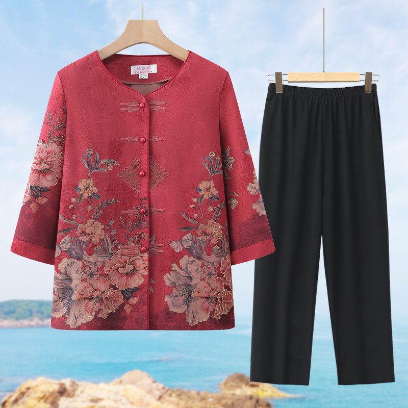 60岁70妈妈夏季衬衣套装老年人夏装女奶奶装中袖衬衫老太太上衣服图片